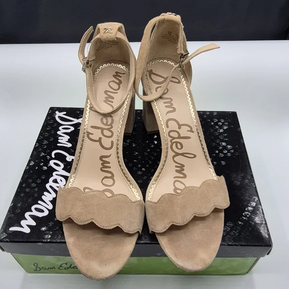Sam Edelman Tan Suede Scalloped Block Heel Sandals, Used With Box