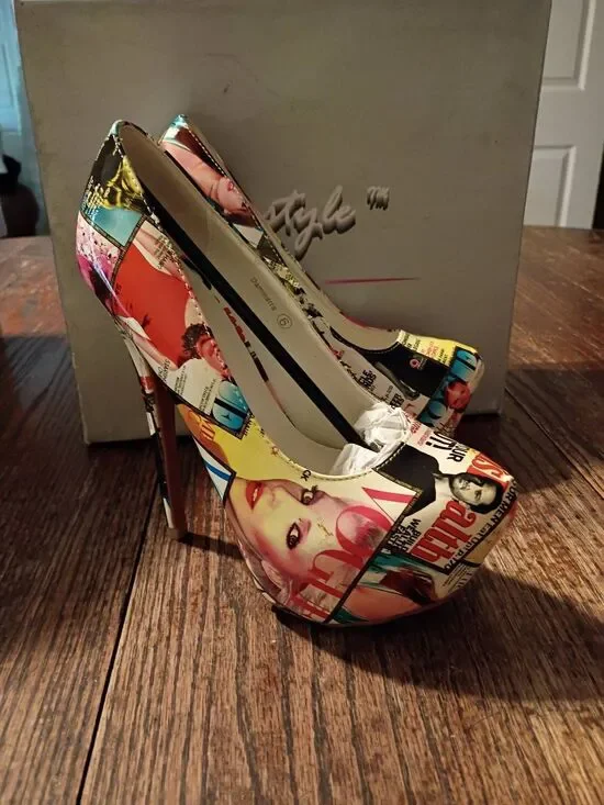 New Sz 9 Colorful Newspaper Magazine Platform Stilettos High Heel Pump Shoes