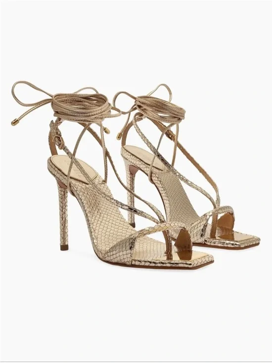 SCHUTZ Metallic Gold Snake-Embossed Lace-Up Stiletto Sandals