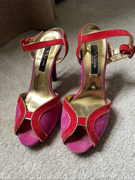 Nina Two-Tone Pink and  Red Suede Open-Toe Heels