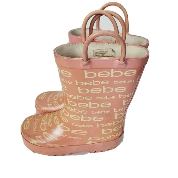 Bebe Kids‎ Girls Rain Boots Toddler Size 9-10 White Pink Pull-On GUC