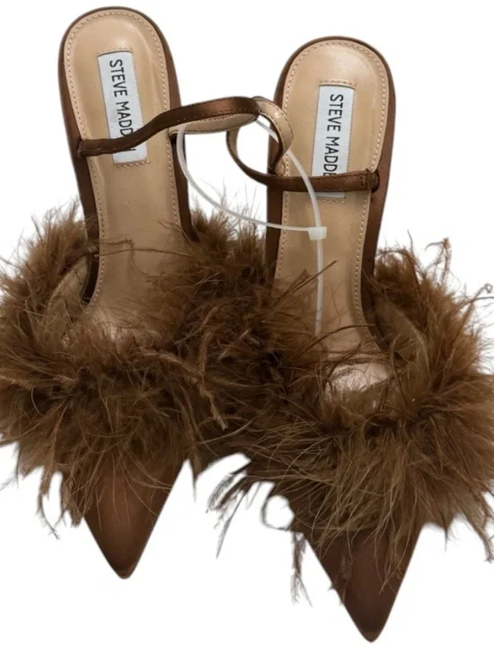 Steve Madden cocktail Satin Pumps and Feather Toe SlingBack Brown Heels Size 9