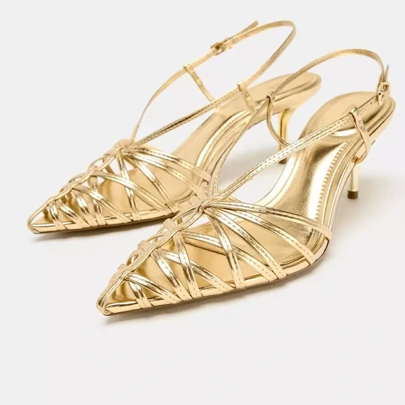 ZARA Metallic Effect Heeled Slingbacks