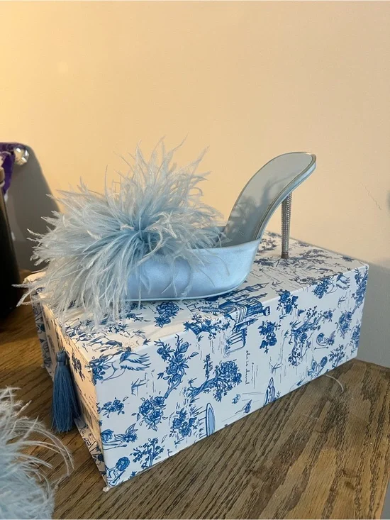 She Is Cheval “Beverly Hills What a Thrill” Blue Feather Satin Stiletto Mule