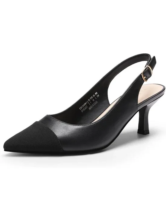 Womens Black Faux Leather Kitten Slingback Low Heels Casual Dress Shoes Pumps
