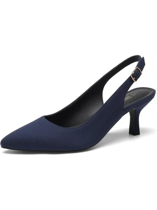 Womens Navy Faux Leather Kitten Slingback Low Heels Casual Dress Shoes Pumps