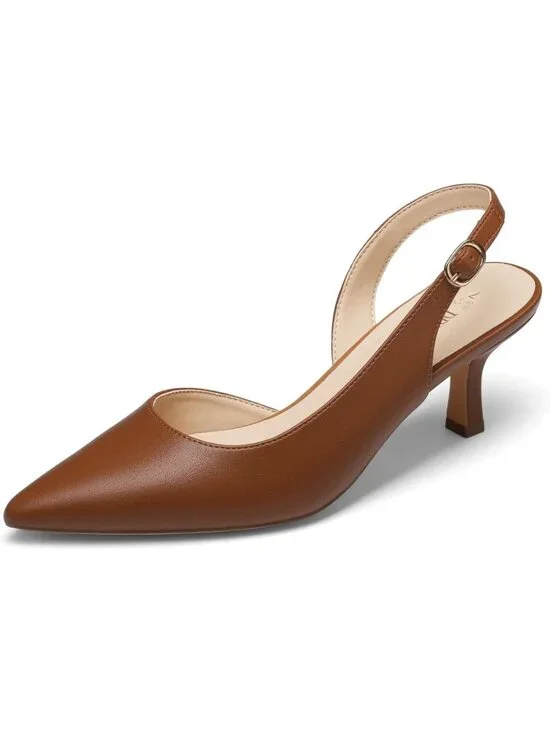 Womens Brown Faux Leather Kitten Slingback Low Heels Casual Dress Shoes Pumps