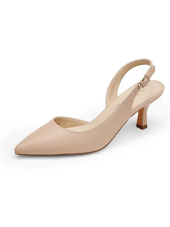 Womens Nude Faux Leather Kitten Slingback Low Heels Casual Dress Shoes Pumps