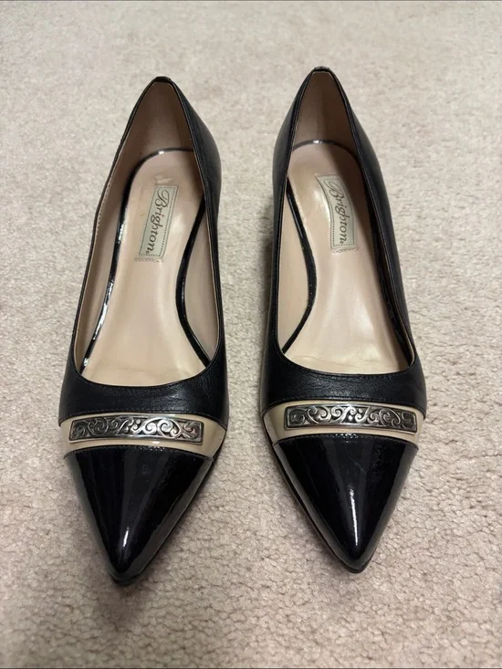 Brighton Black and Cream Pointed Toe Pumps with Decorative Metal Trim