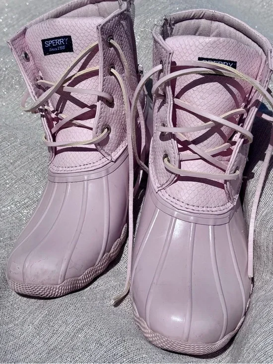 Sperry Duck Boots Girls Size 3 Pink Khaki Waterproof Lace Up Rain‎ Boots