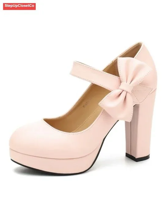 Women Platform Mary Jane Pumps Block Heel Bow Dress Shoes