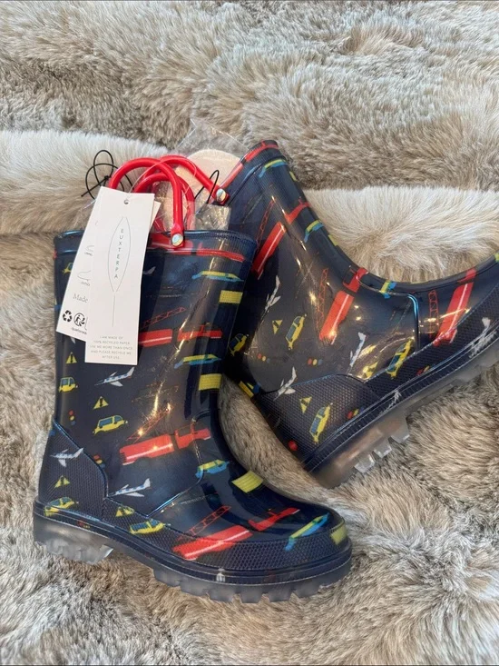 Kids Navy Rain Boots with Red and Yellow Vehicle Print. They light up!!!