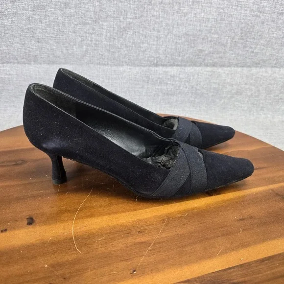 Stuart Weitzman Black Suede Kitten Heel Pumps Crisscross Strap 5W75626 Womens 7M