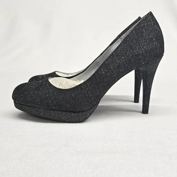 Fioni Night Black Glitter Platform Pumps Womens Size 9‎ Sparkly Evening Heels