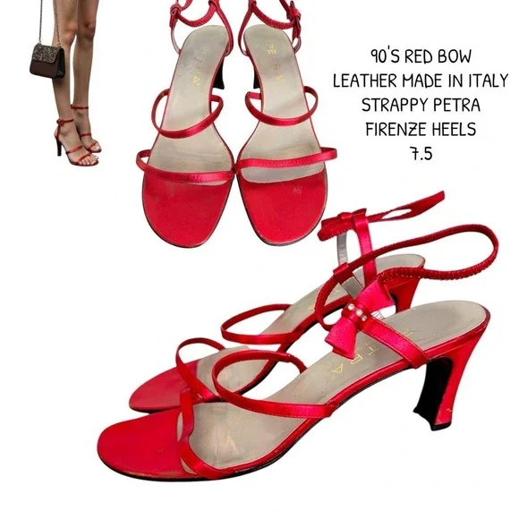 90'S‎ Vintage Petra Firenze Red Strappy Bow Sandals 7.5