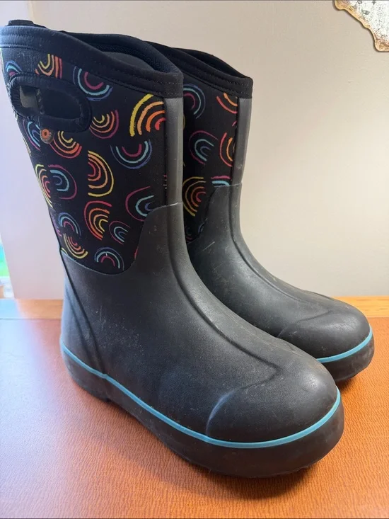 Bogs Black Rain Boots with Multicolor Rainbow Accents