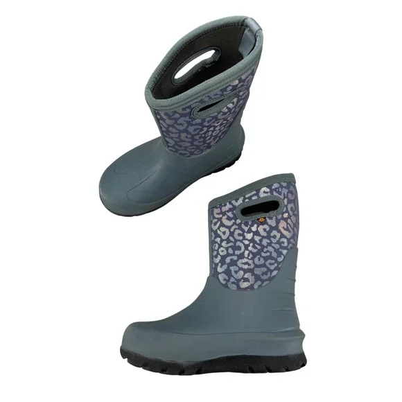 Bogs Neo Classic Gray Silver Metallic Leopard Waterproof Insulated Rain Boots