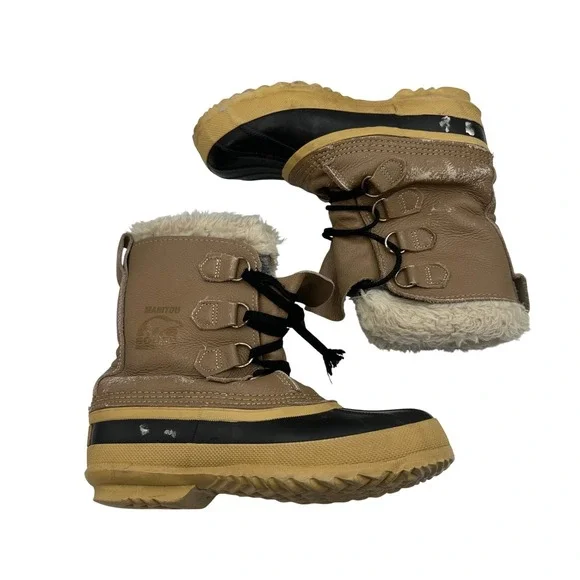 Sorel Manitou Snow‎ Winter Boots Tan Brown Leather Wool Blend Kids Size 7