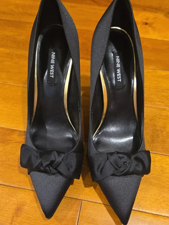Nine West Black Satin Pointed-Toe Bow Heels