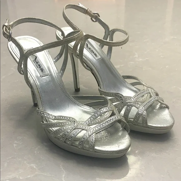 Nina silver embellished platform high heel sandal size 8