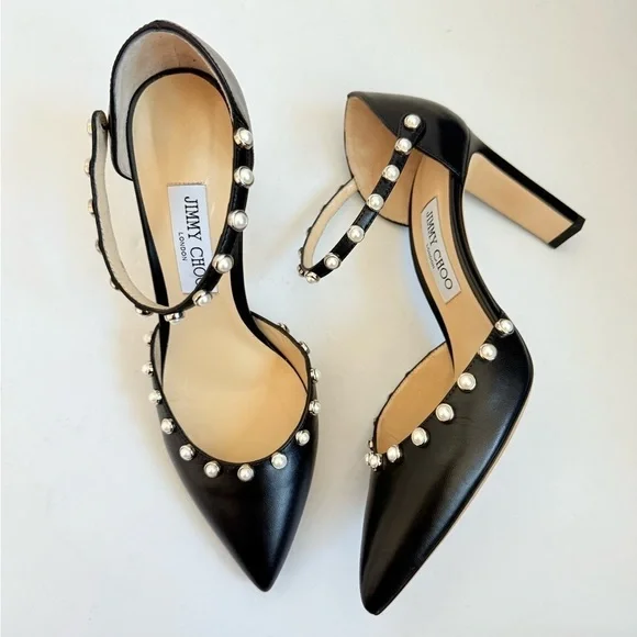 Jimmy Choo Black Nappa Leather Leema 85 pearls Mary Jane pumps EU 40
