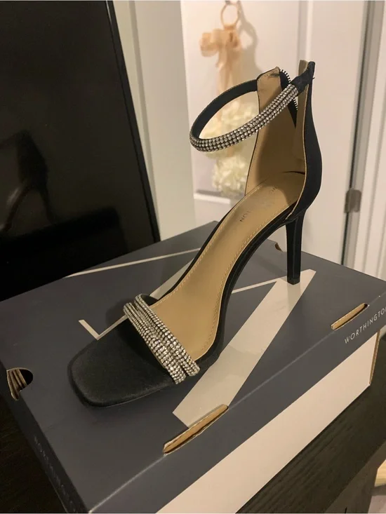 Worthington Black Rhinestone Ankle-Strap High Heels