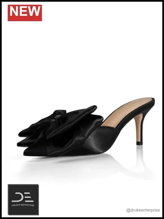 Heeled Sandals, 3-inch Satin Pointed Toe Slip-on Stiletto Mules with Oversized