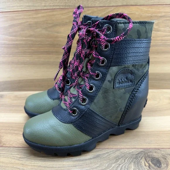 Sorel Lexi Wedge Camo Boots Youth Girls 1 Green‎ Black Lace Up Waterproof