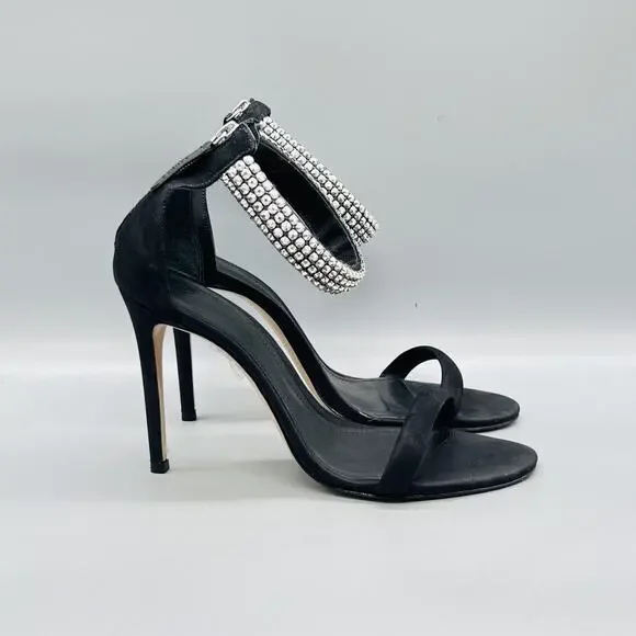 Schutz Sandals Womens 10 Black Suede Rhinestone Ankle Strap Zip Stiletto Shoes