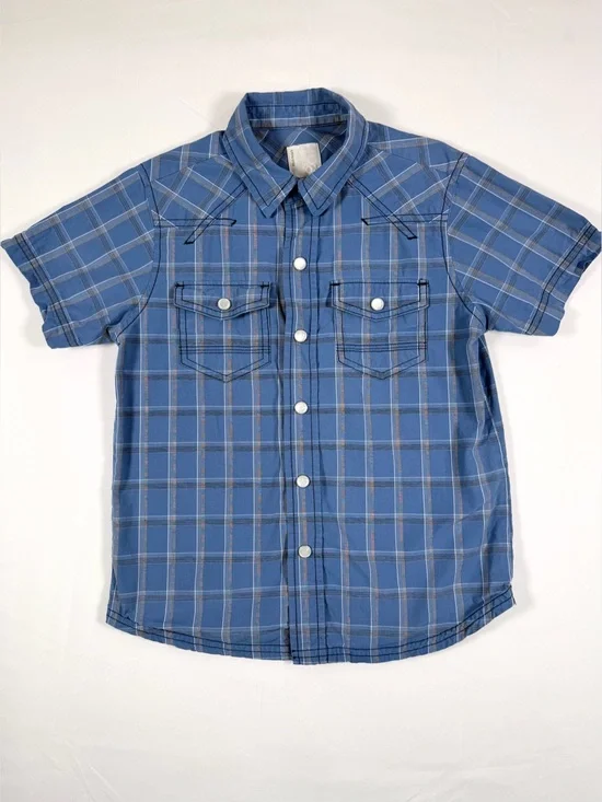 OLD NAVY Boys Y2K Western‎ Pearl Snap Plaid Short Sleeve Shirt XS Ranch Cowboy