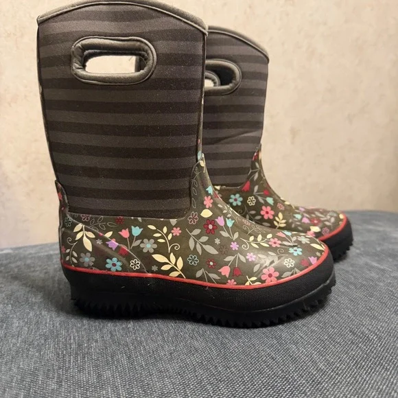 Kids Waterproof‎ Floral Striped Rain Boots with Pull Handles Gray Pink Size 11