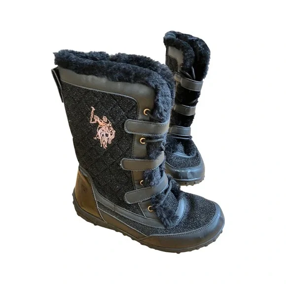 US Polo Assn Black Glitter Quilted Fur Trim Winter Snow Boots‎ Girls Size 6 Logo