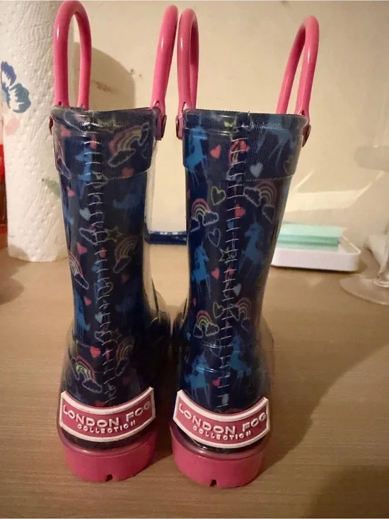 London Fog Navy Kids Rain Boots with Pink Handles and Soles