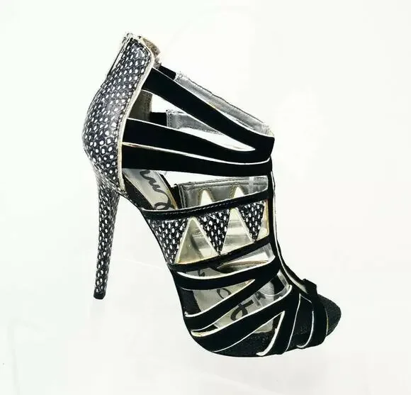 Sam Edelman Jazz Strappy Embossed Snake Heels 6M Black White Clear Triangle Cut