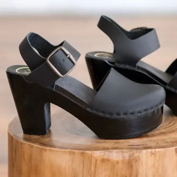 NO. 6 | Solid Black Platform Jane Clog Mary Jane Clogs Heels |‎ Size 39