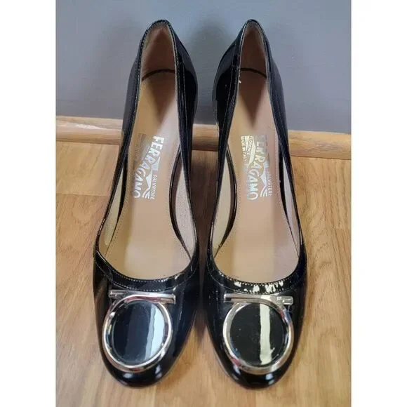 Salvatore Ferrangamo  Black Patent  Leather Ena Gancini Block Heel 8.5