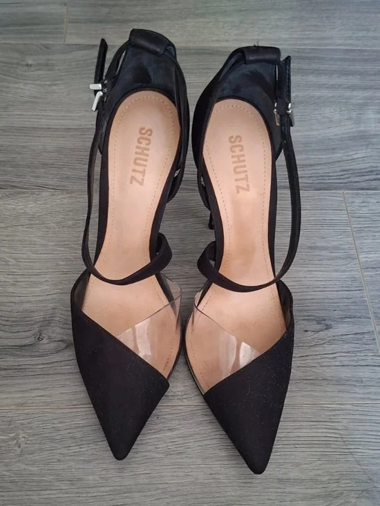 SCHUTZ Black Pointed Toe Ankle Strap Heels