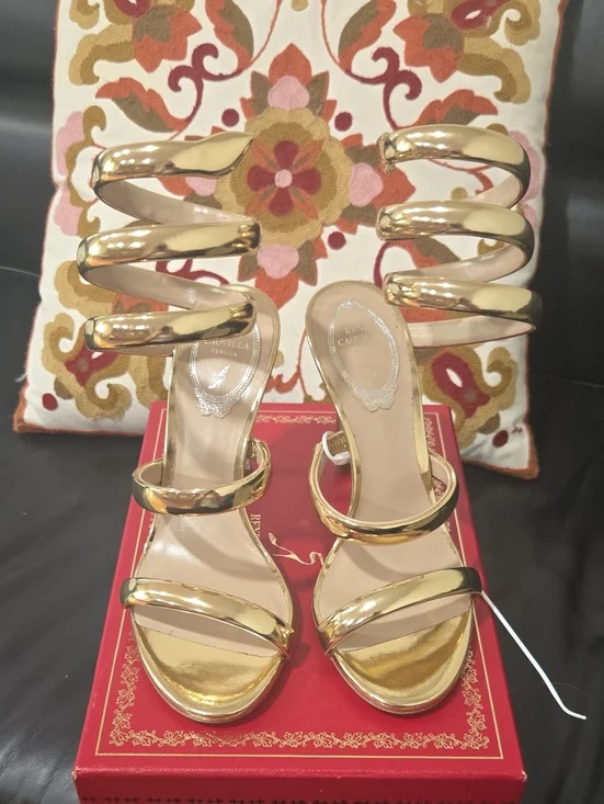 Rene Caovilla Cleo Gold Spiral Strap Women's Heeled Sandals Size 38