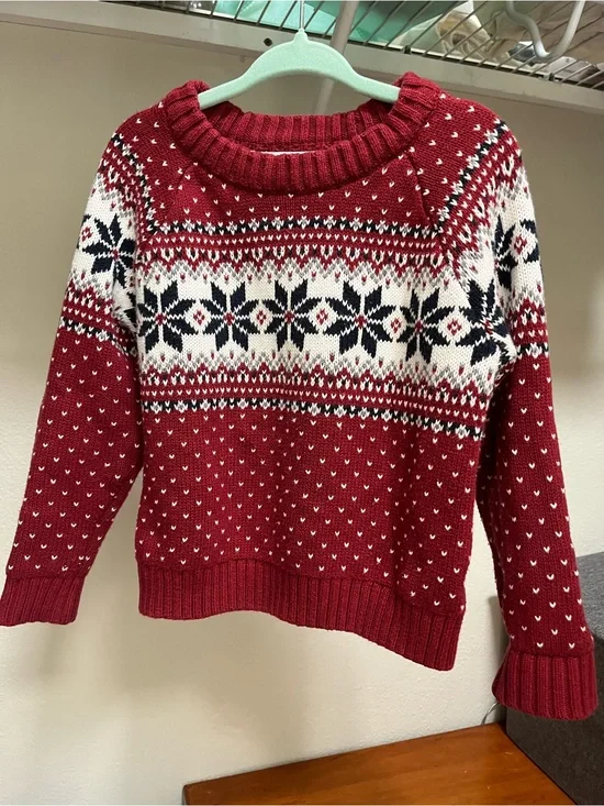 Old Navy Red Fair Isle Crewneck Sweater with White and Navy Accents