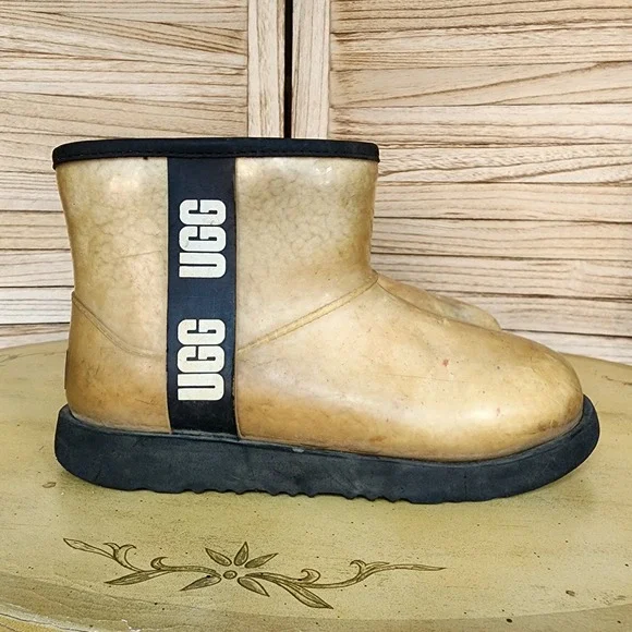 UGG Sz 3 Big Kids Youth Tan Synthetic Classic Clear Mini Waterproof Rain Boots