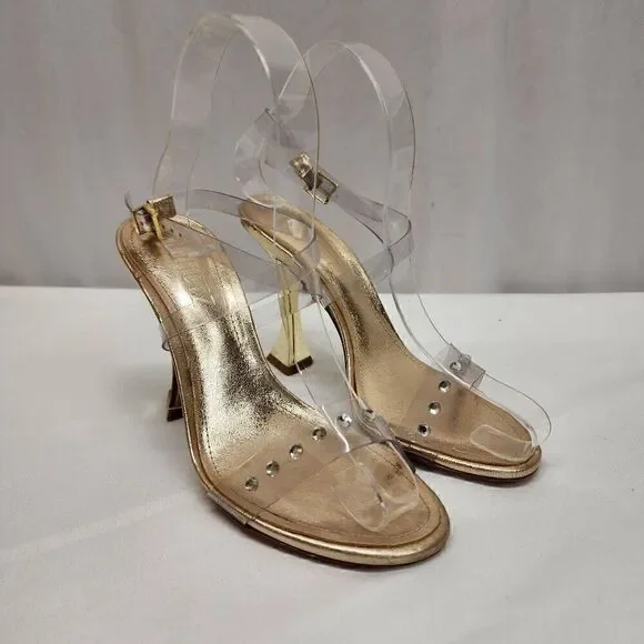 Schutz Size 5 B Glasy Gold Metallic Transparent Heel Sandals M