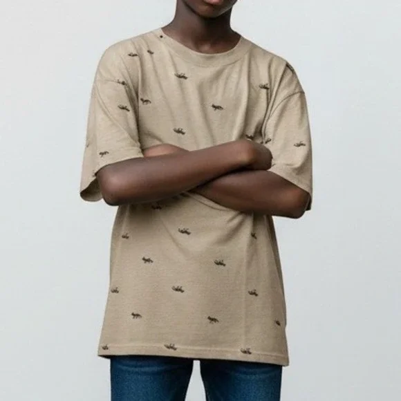 Old Navy Fox Print T-Shirt Kids Small Taupe Brown Short Sleeve Crew Neck Tee