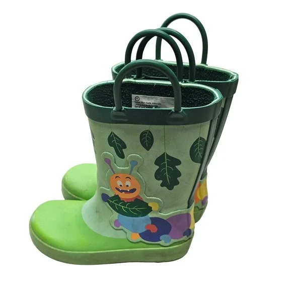 Cat & Jack‎ Kids Green Caterpillar Rain Boots Pull On Handles Size 8 Toddler