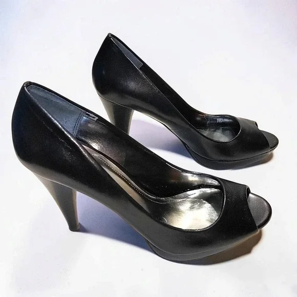 Style & Co Celine Black Leather Peep Toe Platform Pumps Heels Womens 8.5 Formal