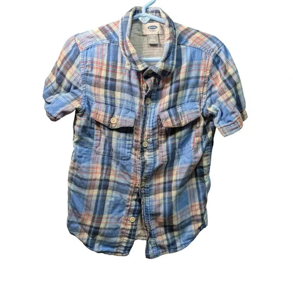 Old Navy Plaid Button Down Kids Size 5 Blue Excellent Short Sleeve Cotton Shirt