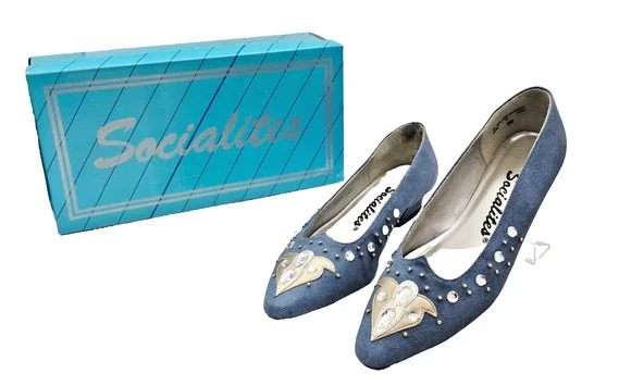 Vintage Socialites Shoes Denim Rhinestone Angie Ballet Pointed Toe Blue Size 8 M