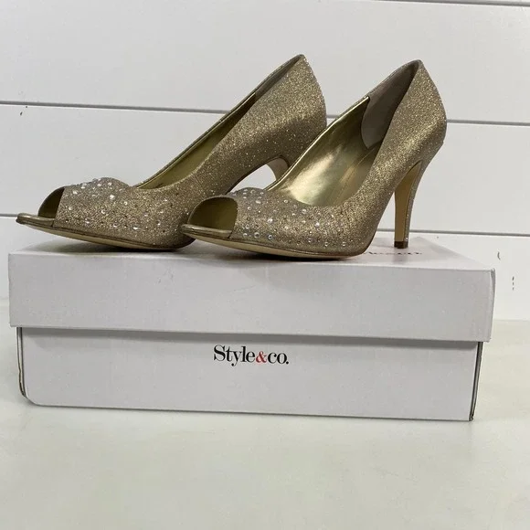 Style & Co Monaee Shoes Womens Sz 9 Gold Peep Toe Glitter‎ Heels Pumps New Years