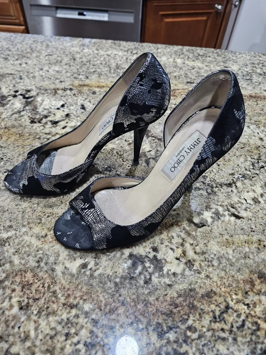 Jimmy Choo Black Metallic Lace Peep-Toe Pumps Size 37 (6.5) Made In Italy