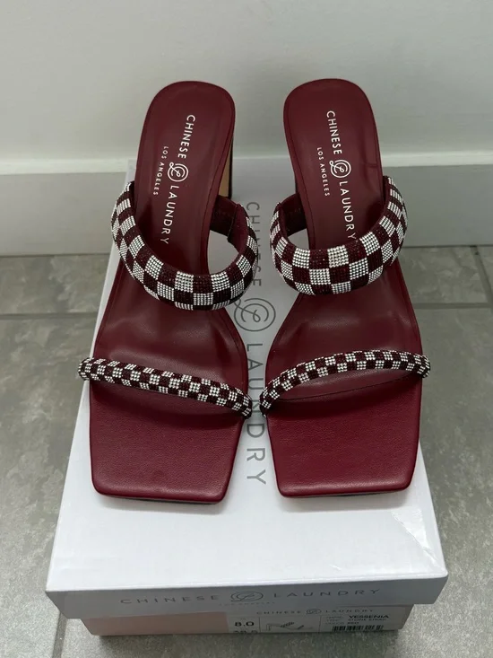 Chinese Laundry Wine Red Beaded Checkerboard Strappy Heels