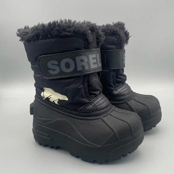 Sorel Kids Black Winter Boots with Cream Bear Accent